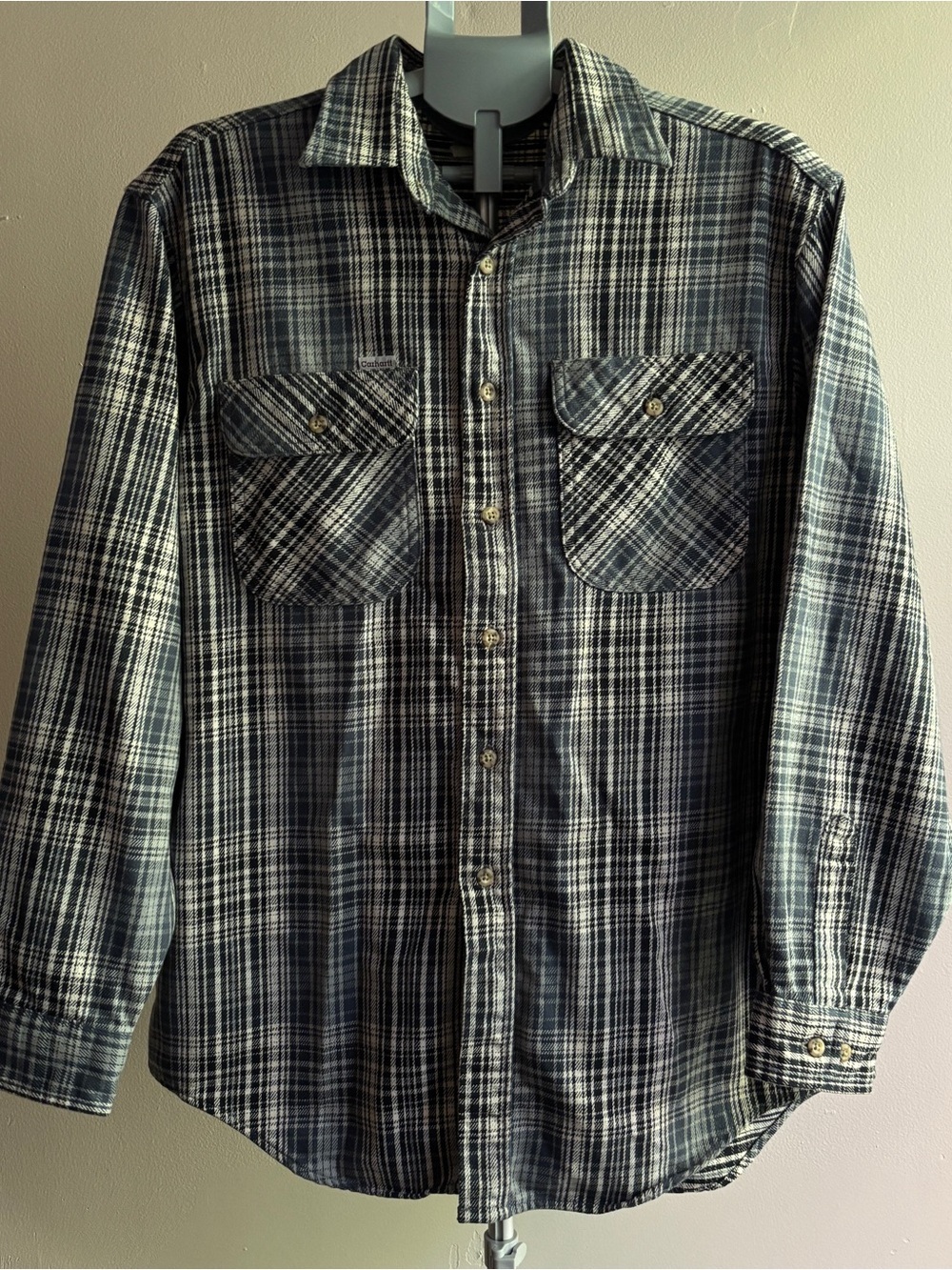 Carhartt Flannel Shirt Men's Large Black Patterned Chest Flap Pocket Workwear
